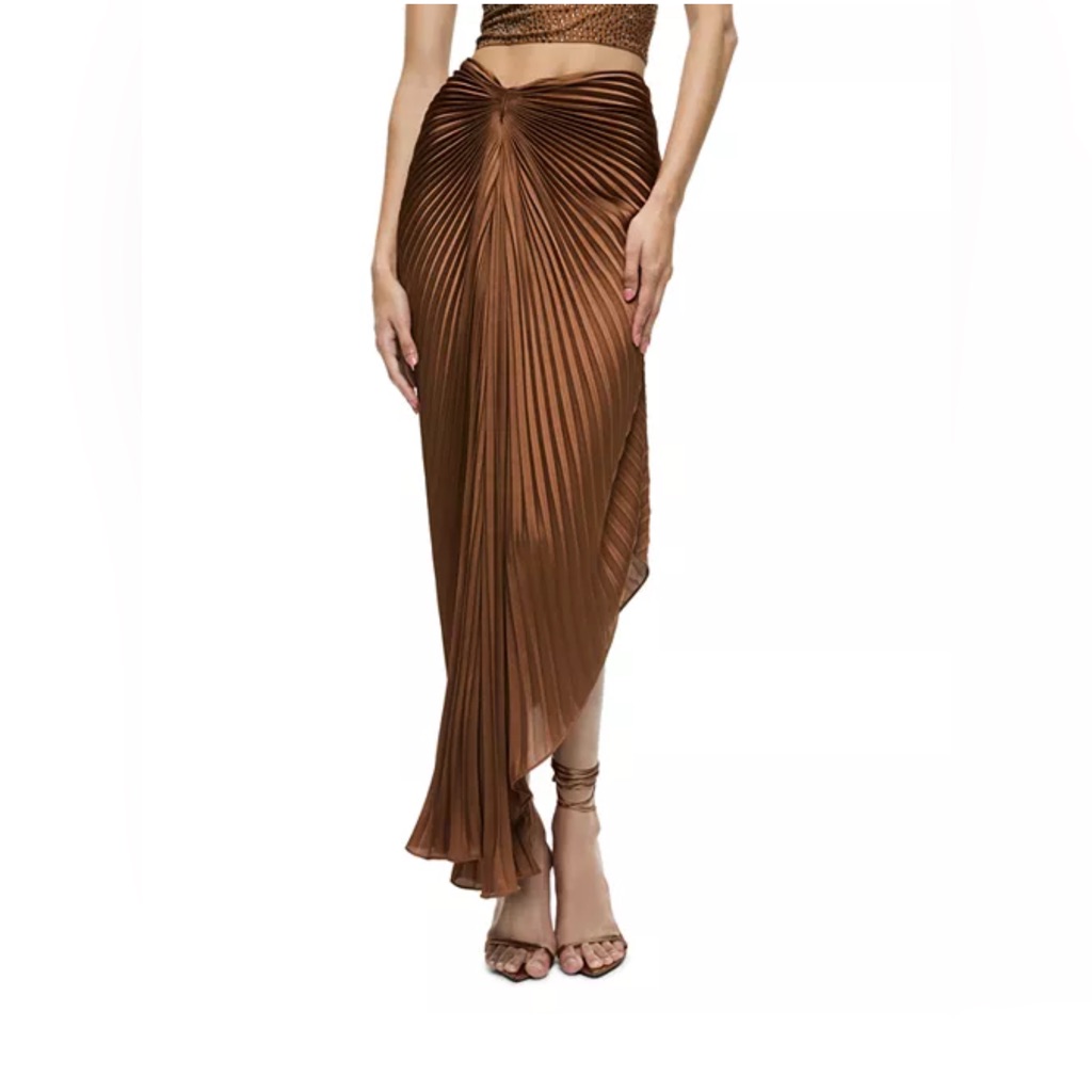 Brand New Pleated Satin Brown Midi Skirt